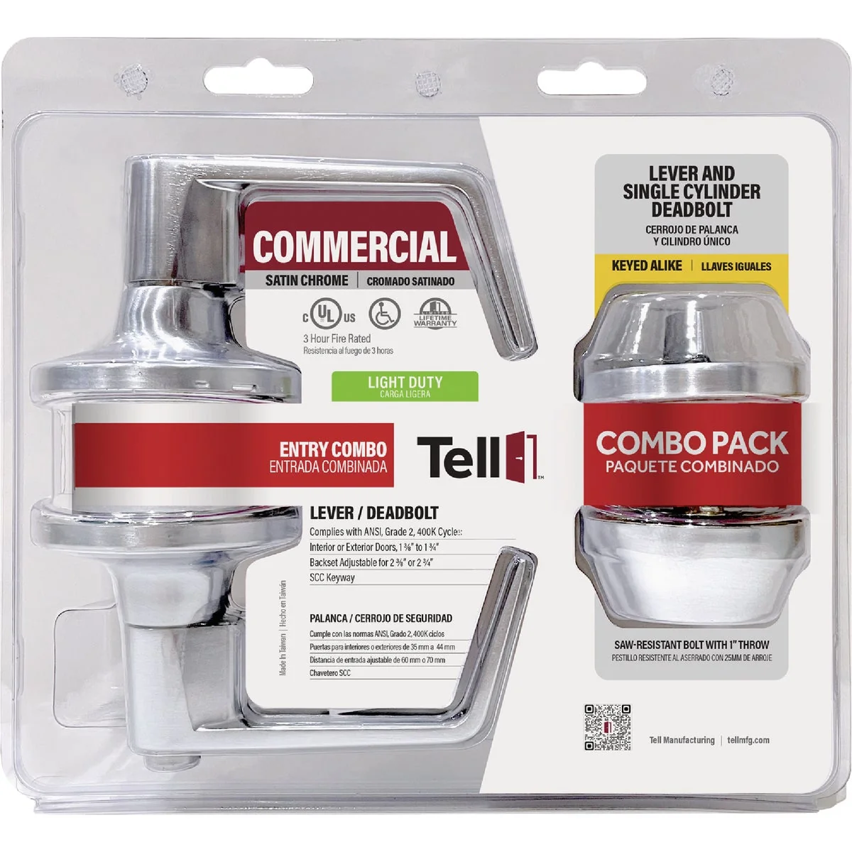 Durable Tell Commercial Cortland Satin Chrome Entry Lever Deadbolt Pack Detailed