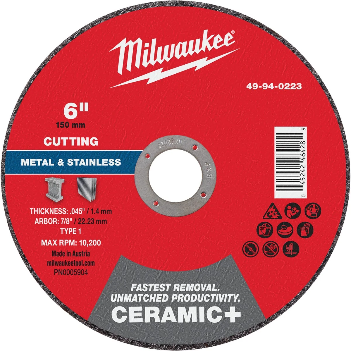 Selected Milwaukee Type 1 6 In. x .045 In. x 7 8 In. Ceramic-Plus Metal Cut-Off Wheel Genuine