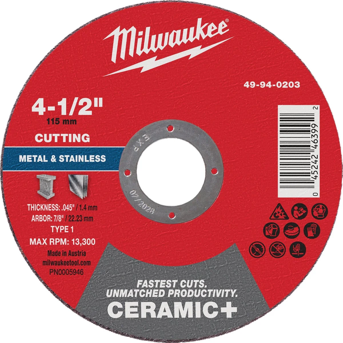 Durable Milwaukee Type 1 4-1 2 In. x .045 In. x 7 8 In. Ceramic-Plus Metal Cut-Off Wheel Sustainable