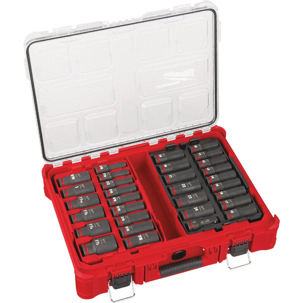 High-End Milwaukee SHOCKWAVE Standard Metric 1 2 In. Drive 6-Point Deep Impact Driver Set with PACKOUT Organizer 31-Piece Enhanced