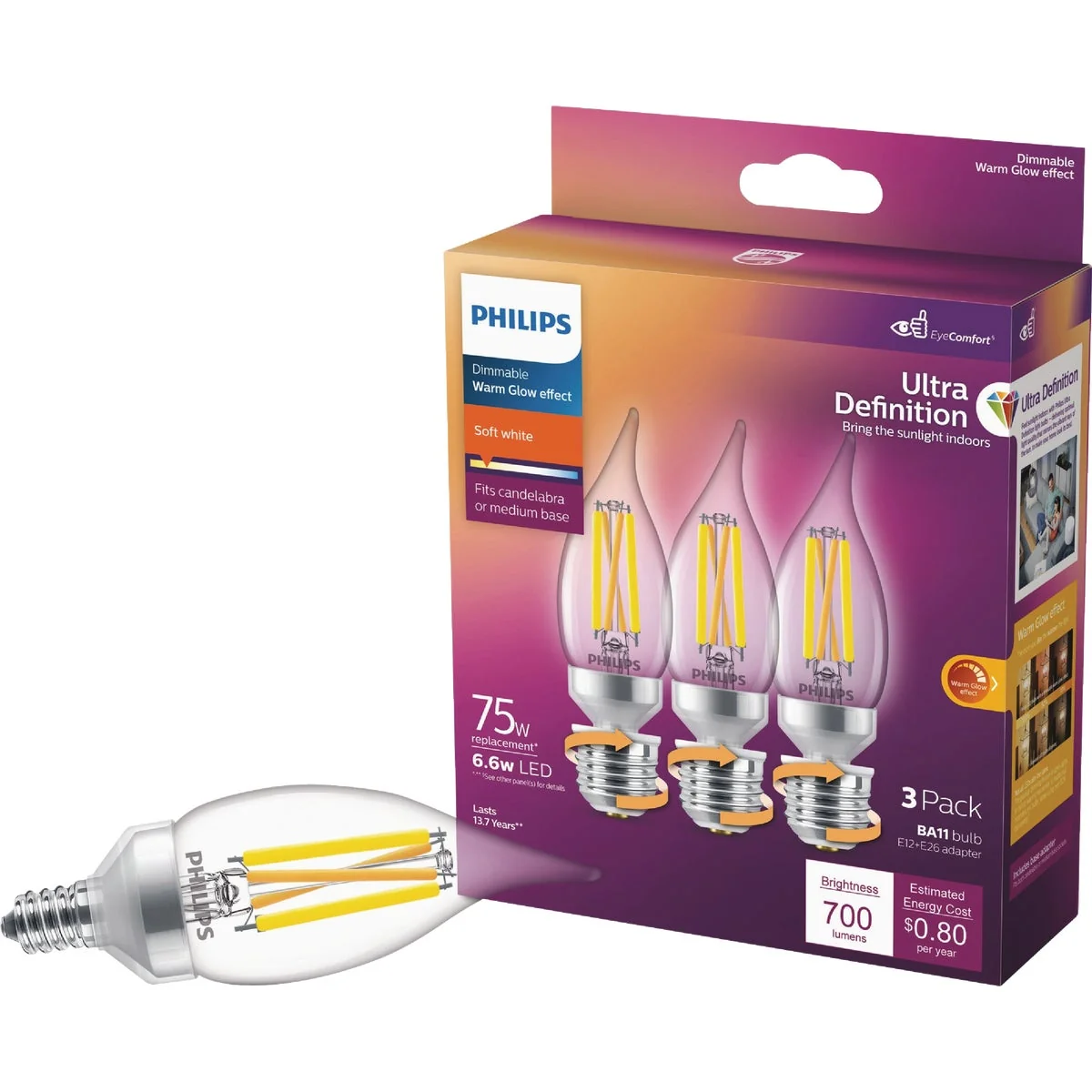 Stylish Philips Ultra Definition 75W Equivalent Soft White BA11 Adjustable Base E12 E26 LED Decorative Light Bulb 3-Pack Refined