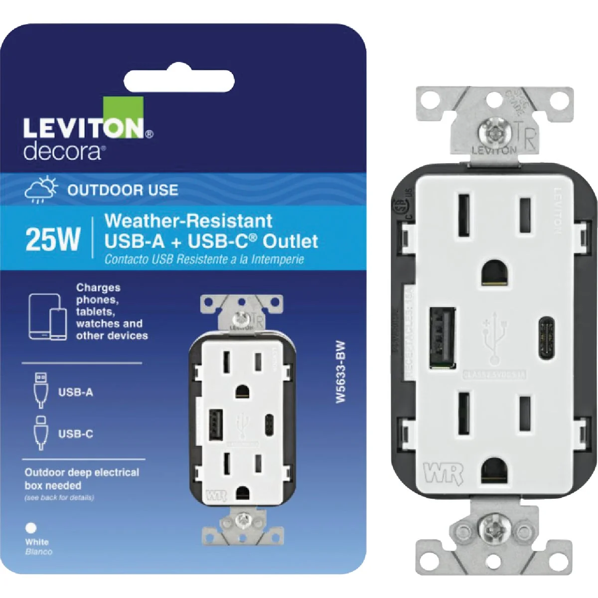 Durable Leviton Decora 15A White 5.1A Type A C USB 5-15R Weather Tamper-Resistant In-Wall Charger Duplex Outlet Top-Quality