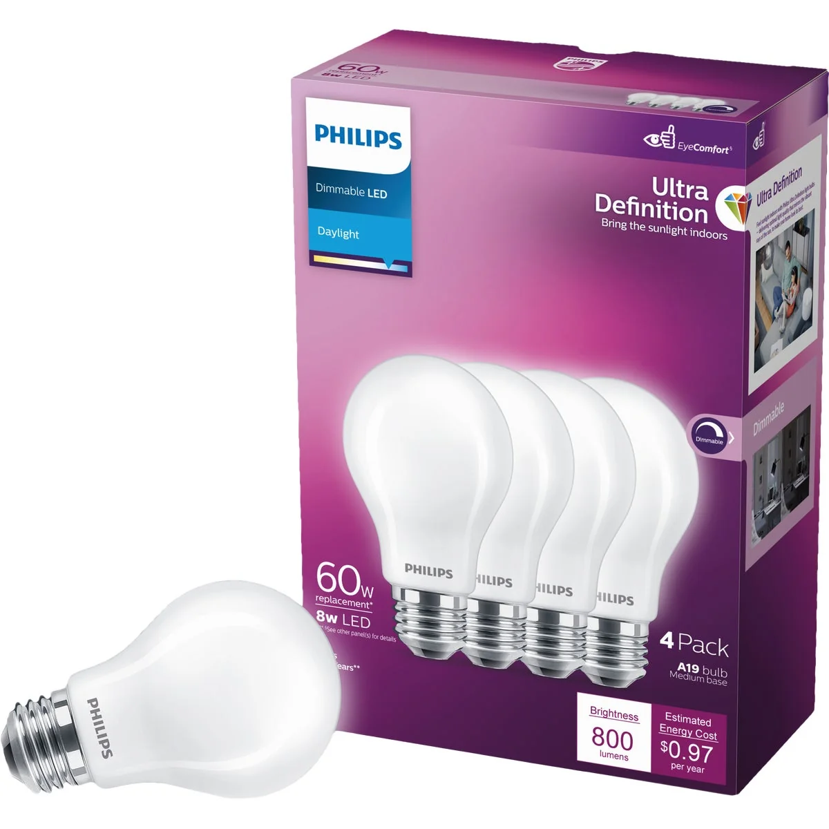 Durable Philips Ultra Definition 60W Equivalent Daylight A19 Medium LED Light Bulb Frosted 4-Pack Breathable