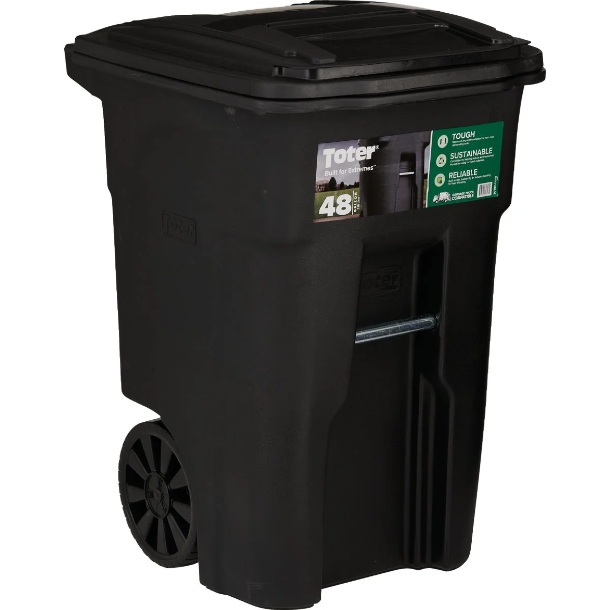 Sustainable Toter 48 Gal. Black Outdoor Trash Can With Attached Lid and Wheels Soft