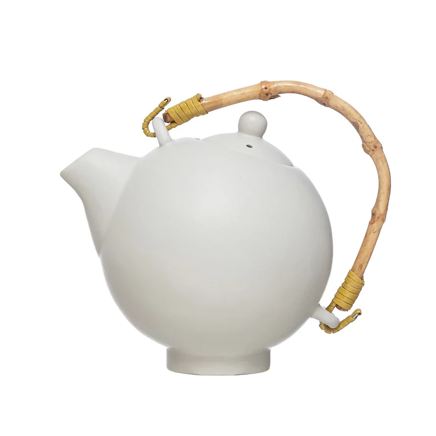 Authentic Stoneware Teapot with Bamboo Handle and Strainer Solid