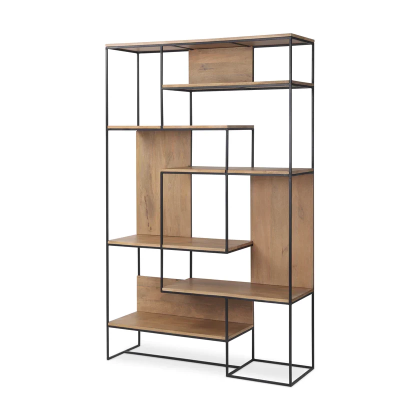 Functional Morris Light Brown Wood w Black Metal Frame 6-Tier Shelving Unit Next-Generation