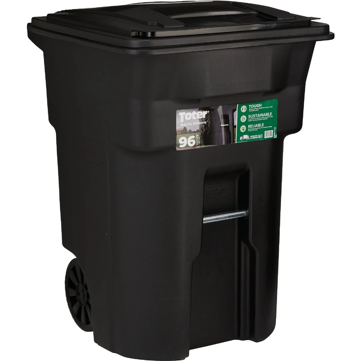 Fashionable Toter 96 Gal. Black Outdoor Trash Can With Attached Lid and Wheels World-Class