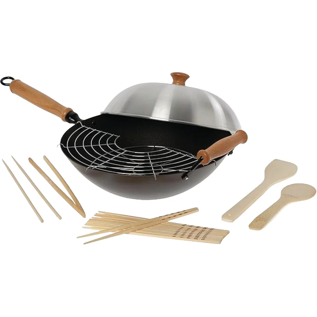 High-End Joyce Chen Professional Series 14 In. Carbon Steel Excalibur Nonstick Flat Bottom Wok Set with Lid and Maple Handles 10-Pc. Official