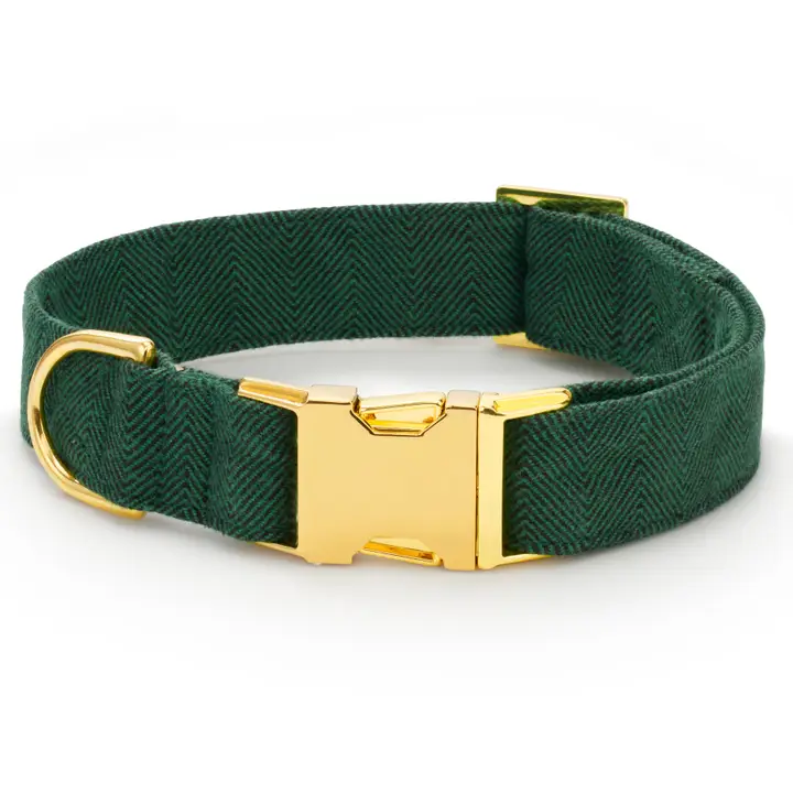 High-Performance Evergreen Herringbone Dog Collar with Gold Hardware Original Design
