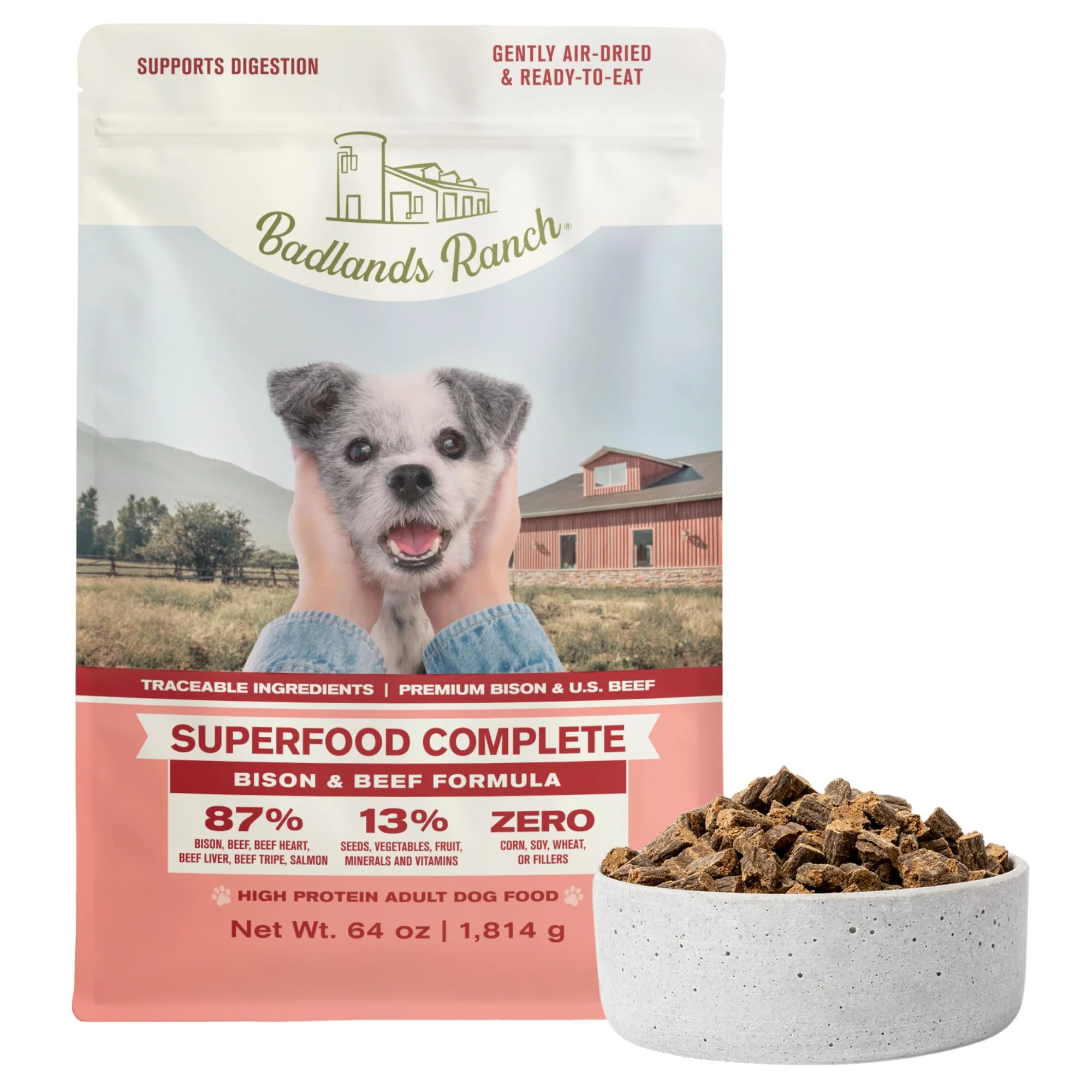 Certified BADLANDS RANCH Superfood Complete Dog Food – Air-Dried High-Protein Beef Bison 64 oz Crafted