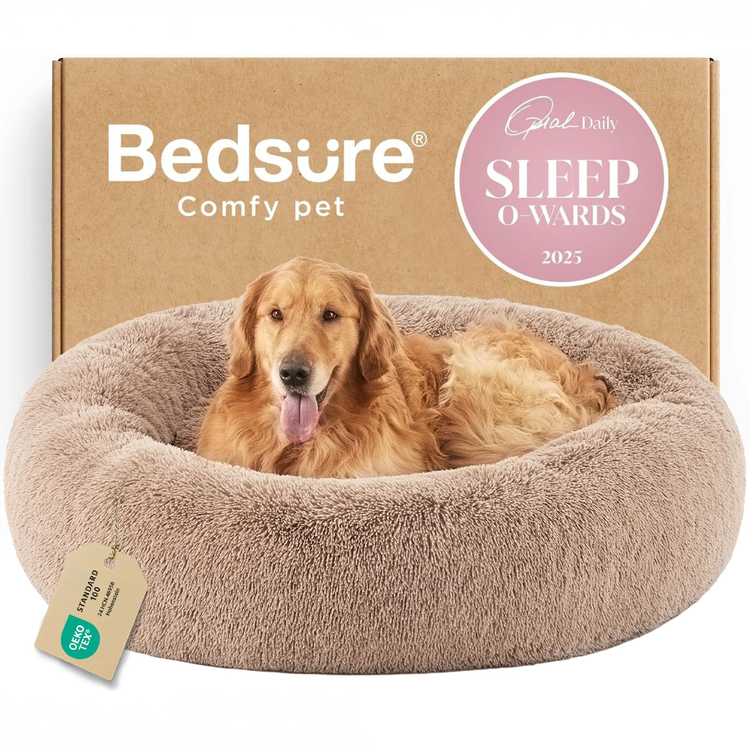 Versatile Bedsure Calming Donut Dog Bed for Extra Large Dogs – 45-Inch Round Washable Anti-Slip Camel Durable