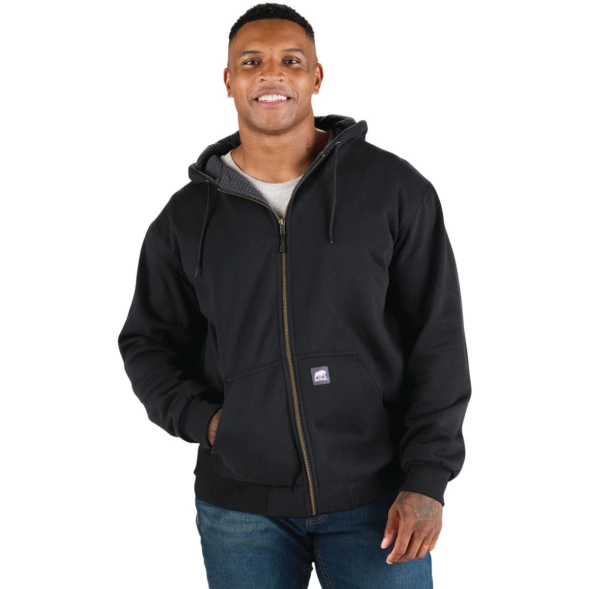 Expertly Made Berne Heritage Grid 2XL Black Fleece-Lined Full-Zip Hooded Sweatshirt Clean