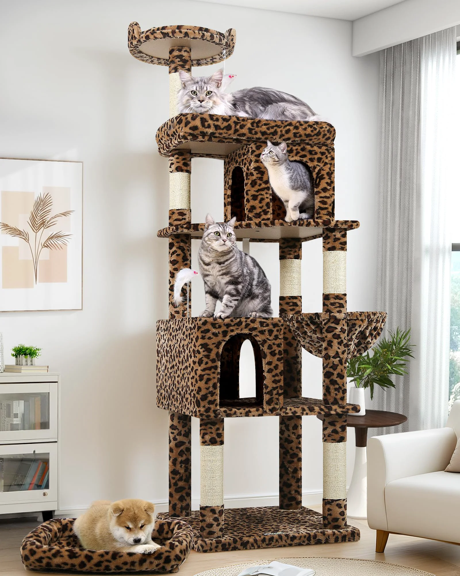 Verified Globlazer Heavy Duty Cat Tree for Large Cats — 72in Leopard Print 6 Scratching Posts Sustainable