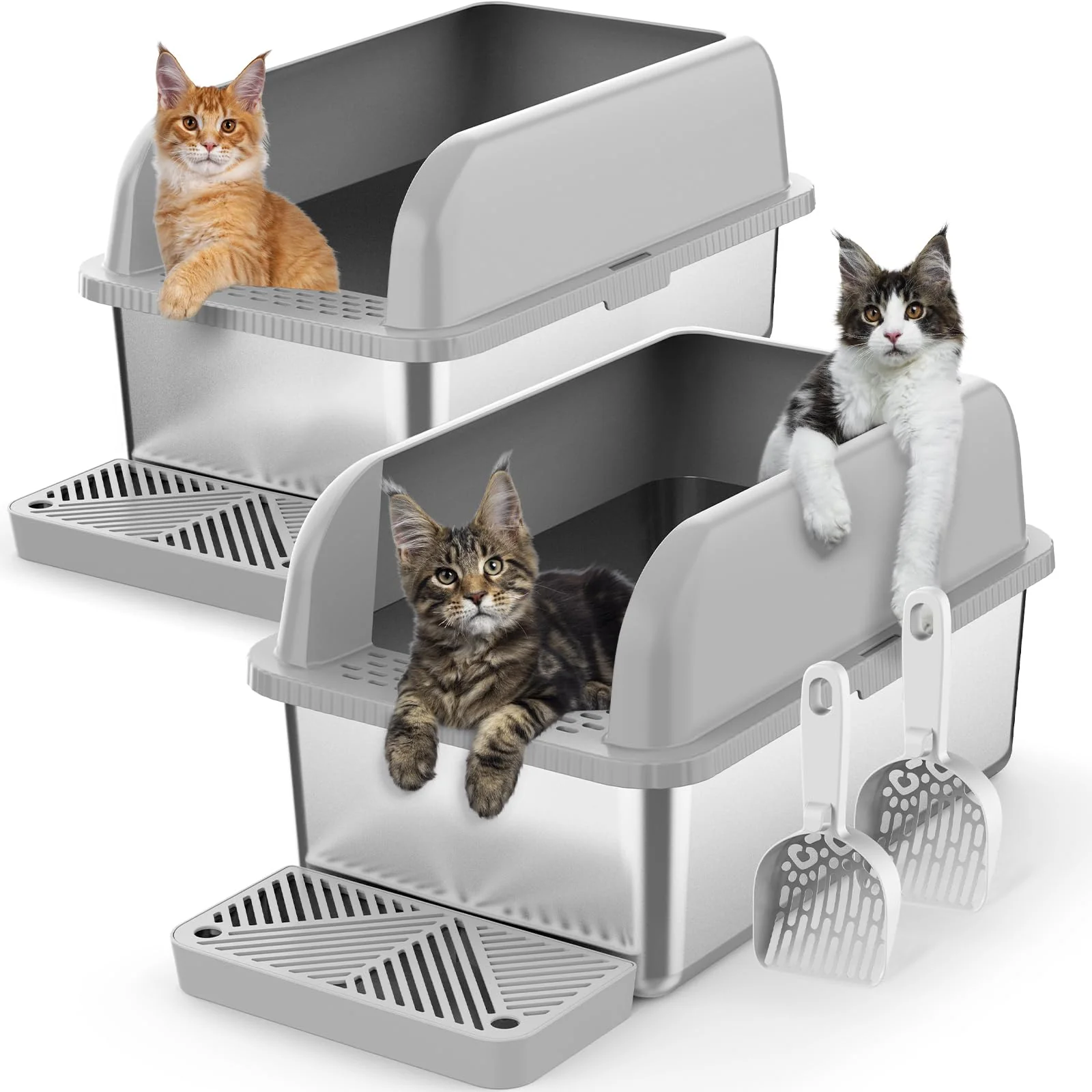 Effective Suzzipaws 2-Pack 8-Inch Deep Stainless Steel Litter Box with Lid — Extra Large Anti-Leak High Wall for Multi-Cat Homes Official