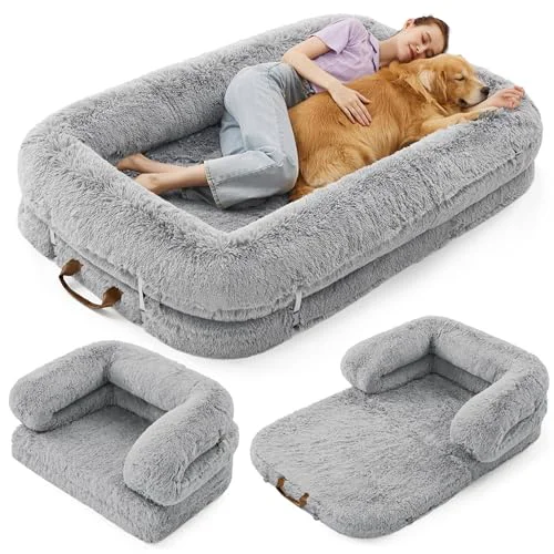 Trendy LE SURE Foldable 3-in-1 Human Dog Bed – Orthopedic Waterproof Plush Faux Fur Soft Grey Smooth