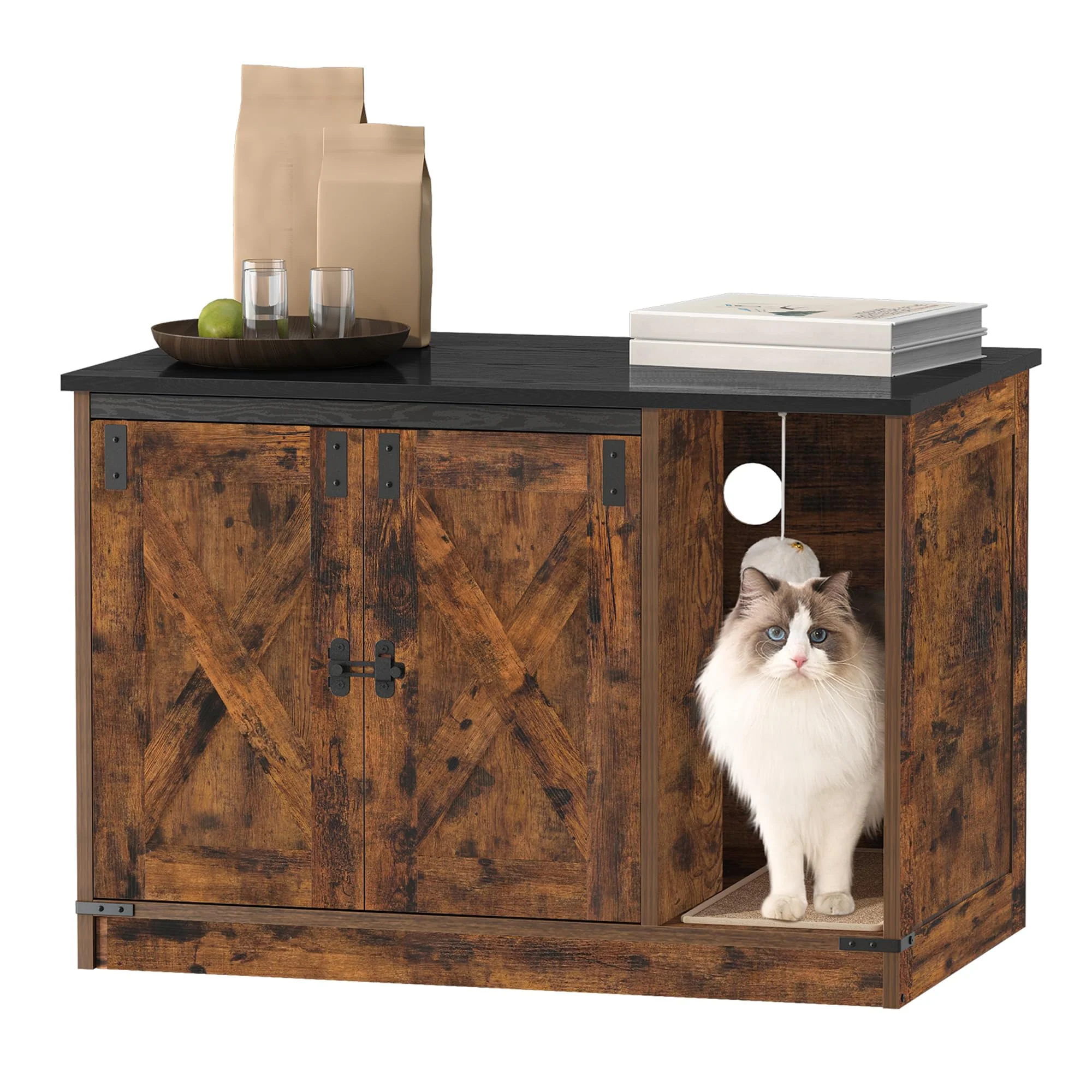 Smooth Hzuaneri Cat Litter Box Enclosure CB82401X — Rustic Brown and Black Hidden Litter Cabinet 31.5 x 19.7 x 20.9 in Practical