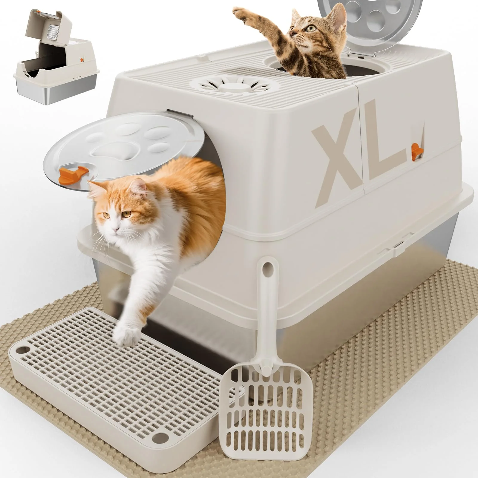 Fine Crafted FZGhome XL Stainless Steel Litter Box with Lid – Enclosed Top Entry for Big Cats Easy Cleaning Soft