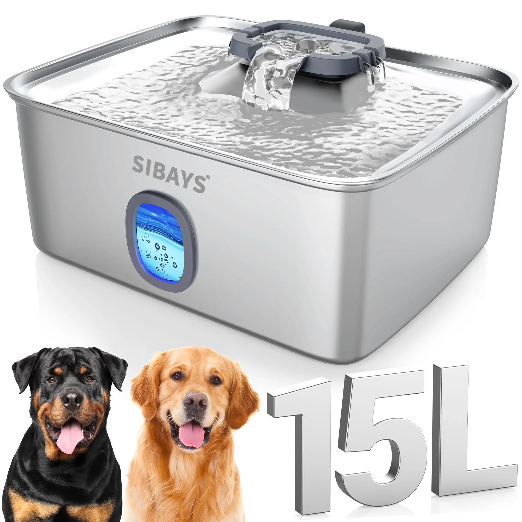 Crafted SIBAYS 4Gal 15L Large Dog Water Fountain – Stainless Steel Water Window LED Ultra Quiet Casual
