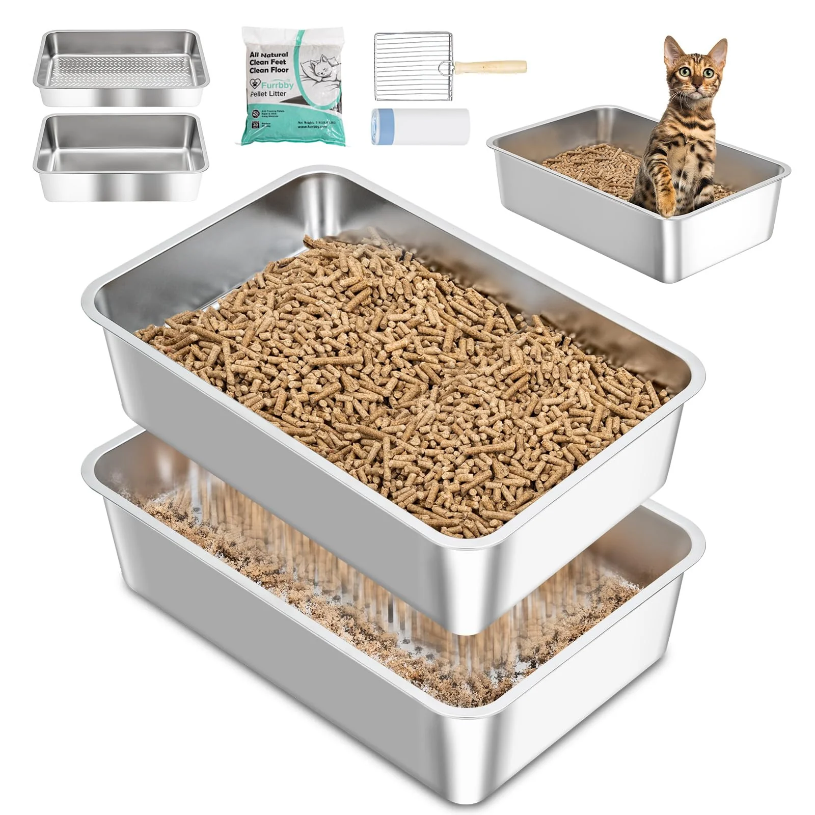 Safe Dowanoqo Stainless Steel Sifting Litter Box with Lid for Large Multi-Cat Homes Functional