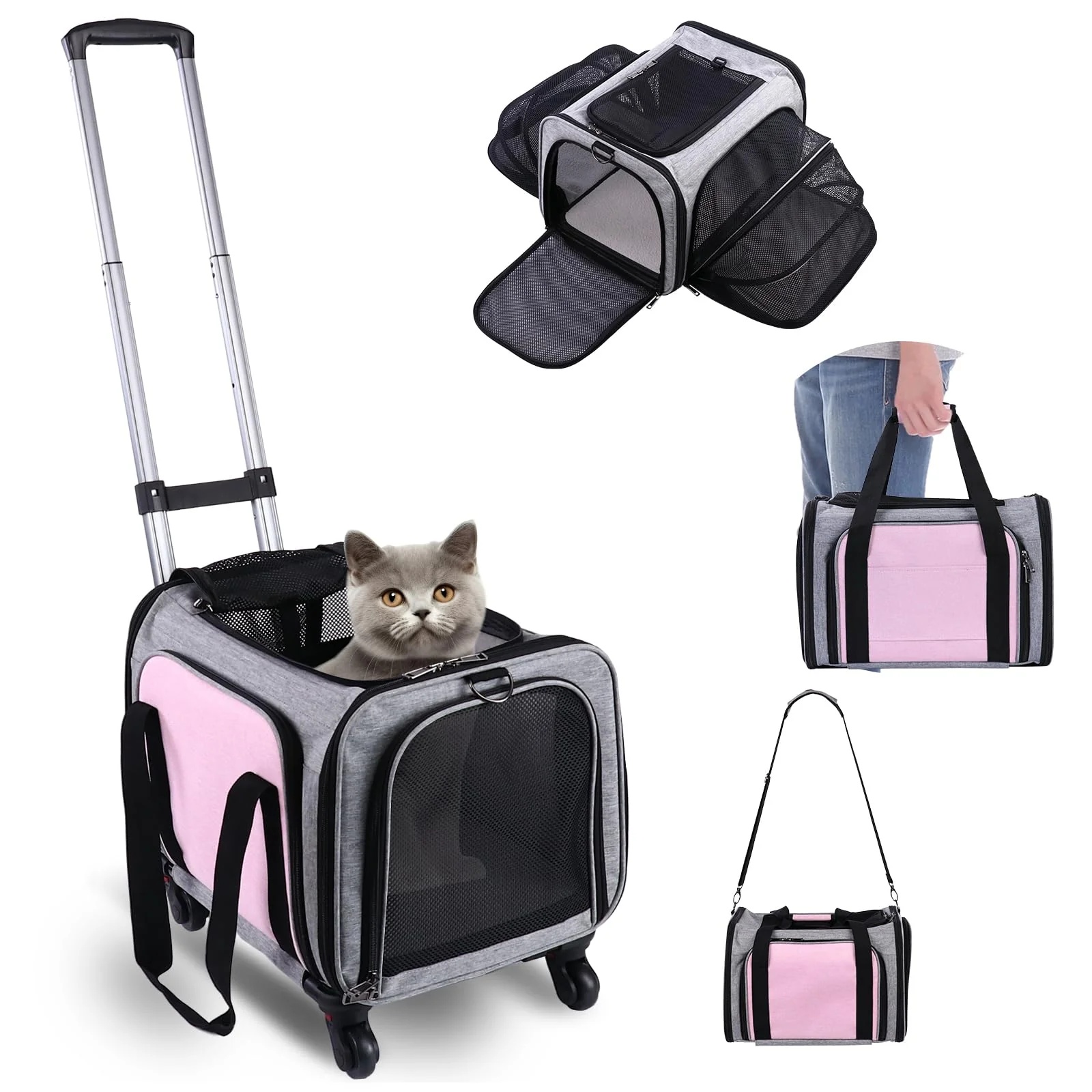 Enhanced BNISE Pet Carrier on Wheels – Airline Two-Sided Expandable Soft Carrier Up to 25 lbs Smooth