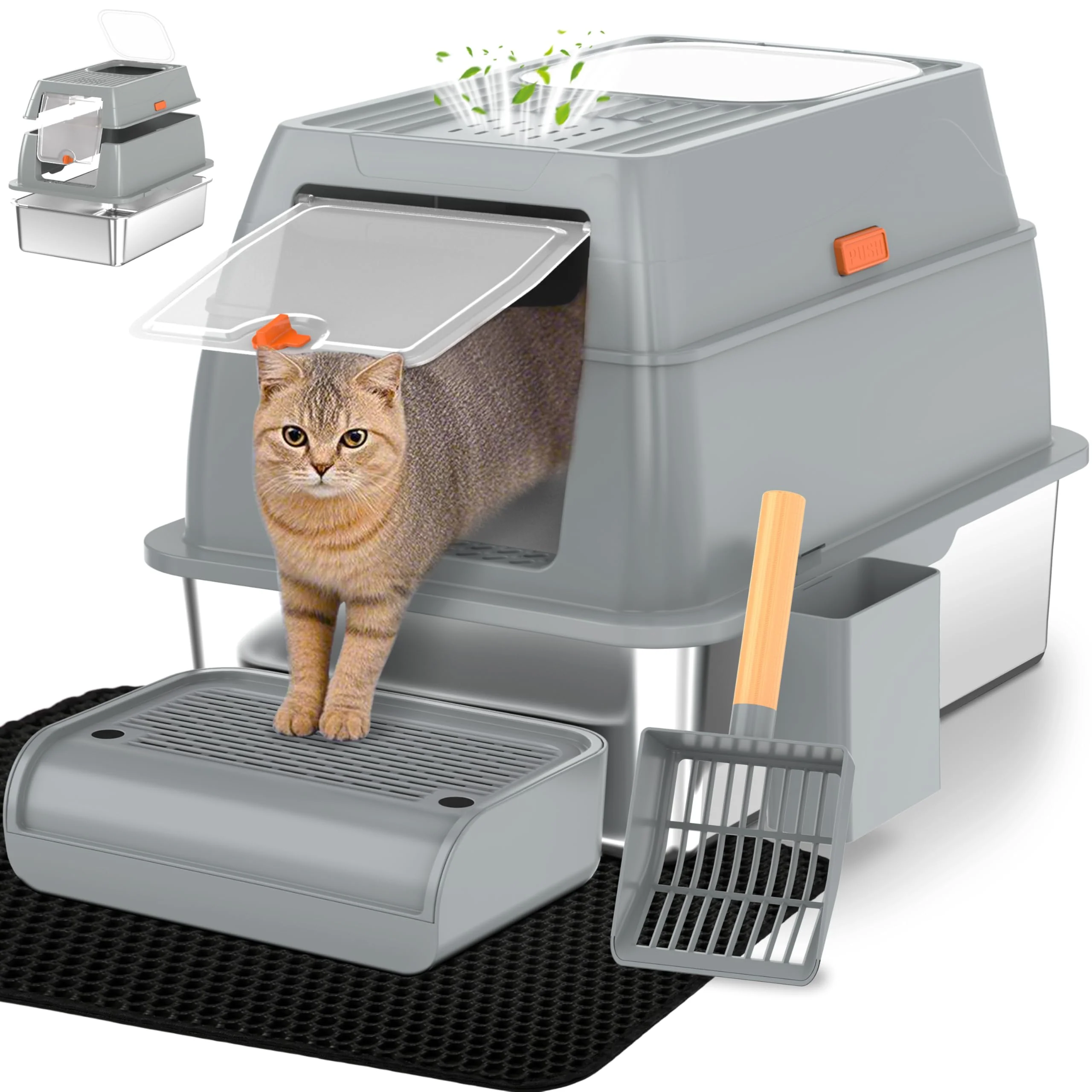 Consistent Vivifying Stainless Steel Litter Box with Lid – XL Front Entry Top Exit Charcoal Filter Gray Casual