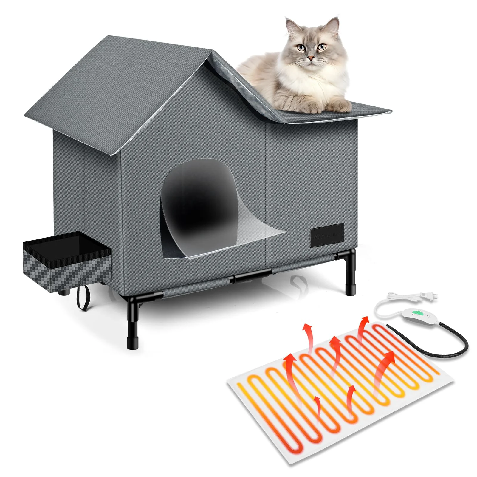 Functional Anysiny Heated Cat House with Heating Pad – Weatherproof Outdoor Cat Shelter Gray Medium Exceptional