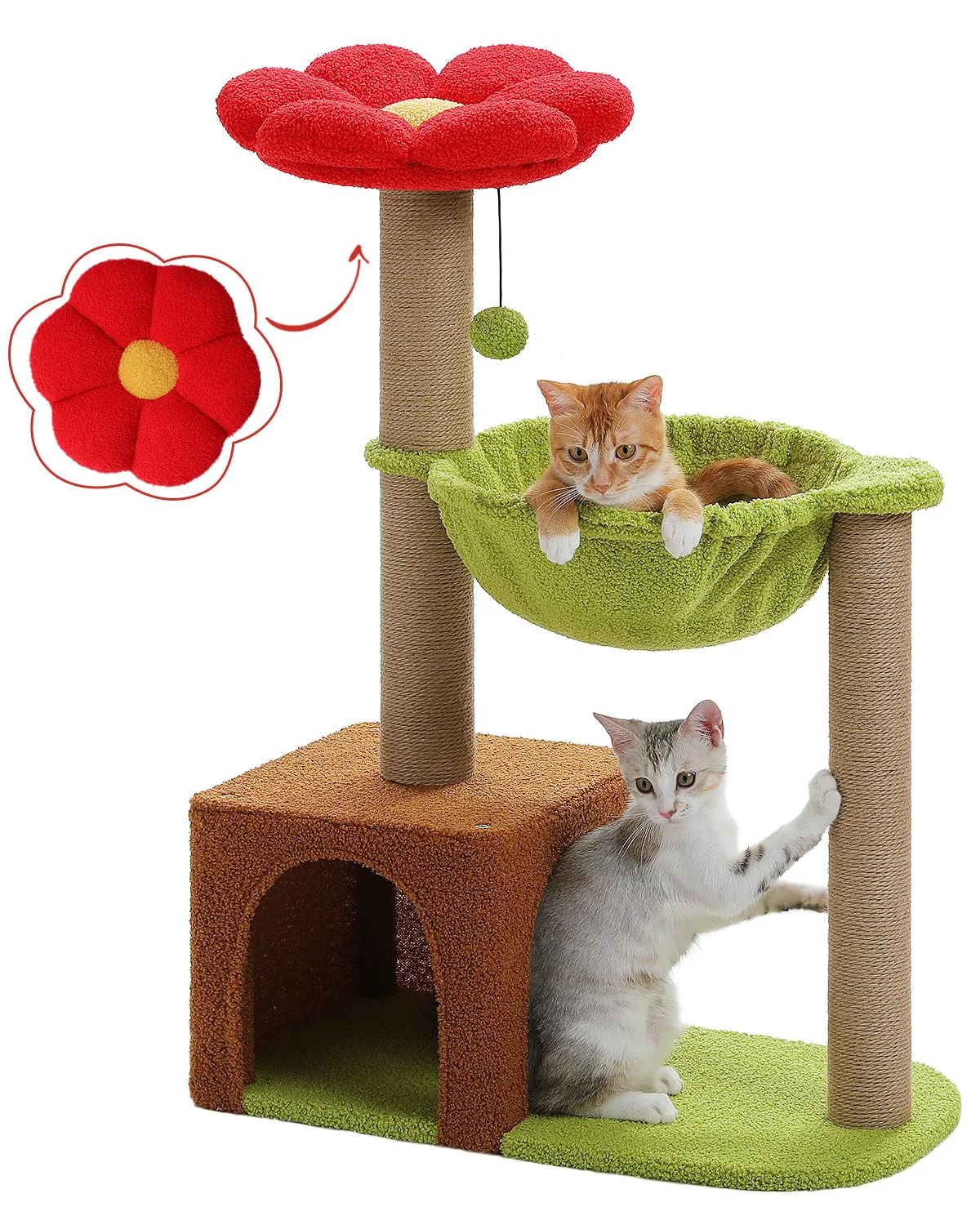 Enhanced MUTTROS Flower Cat Tree – 35-inch Indoor Cat Tower with Sisal Posts Flower Top Green Hammock Detailed
