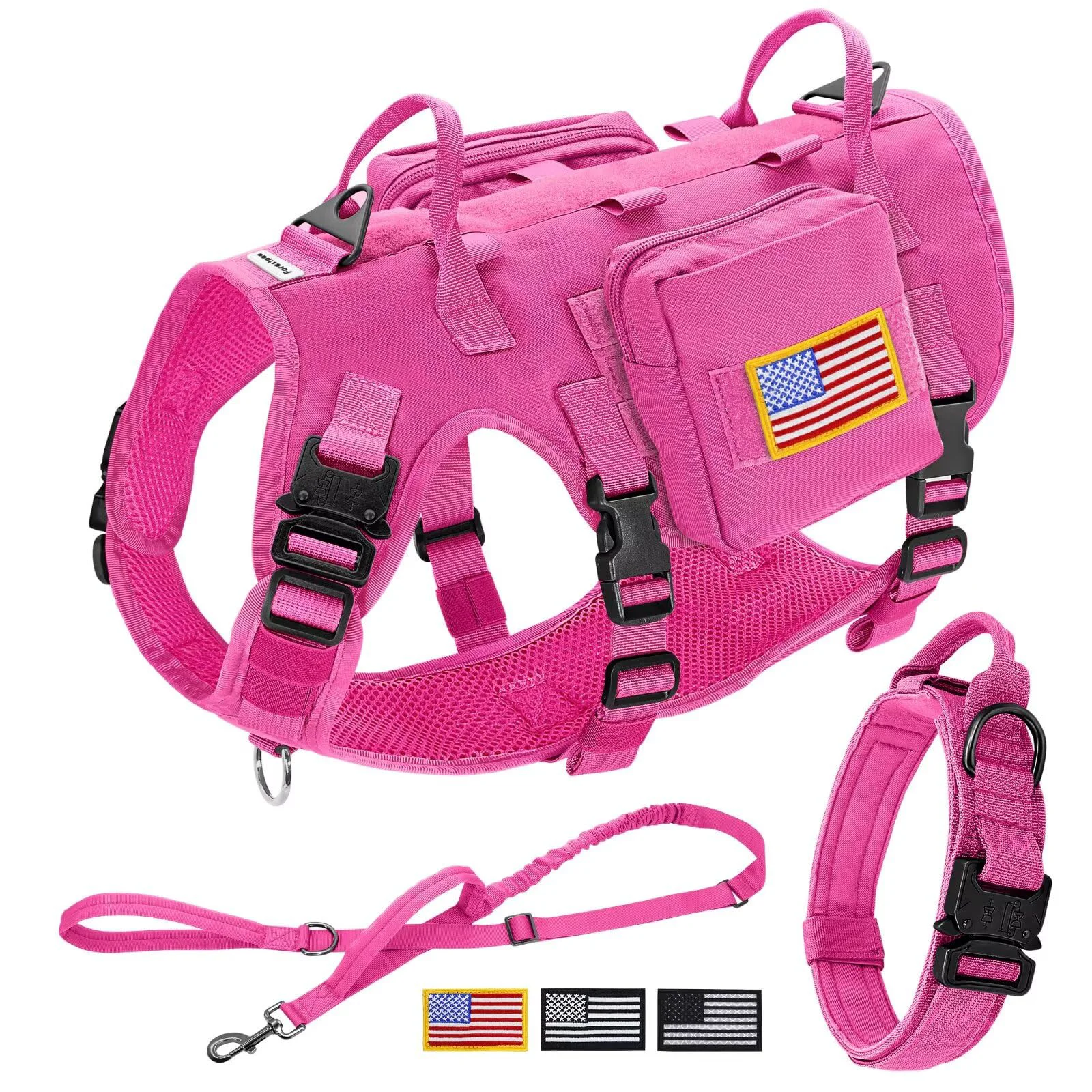 Easy-to-Use Forestpaw Pink Tactical Dog Harness for Large Dogs – No-Pull Bungee Leash Set Luxury
