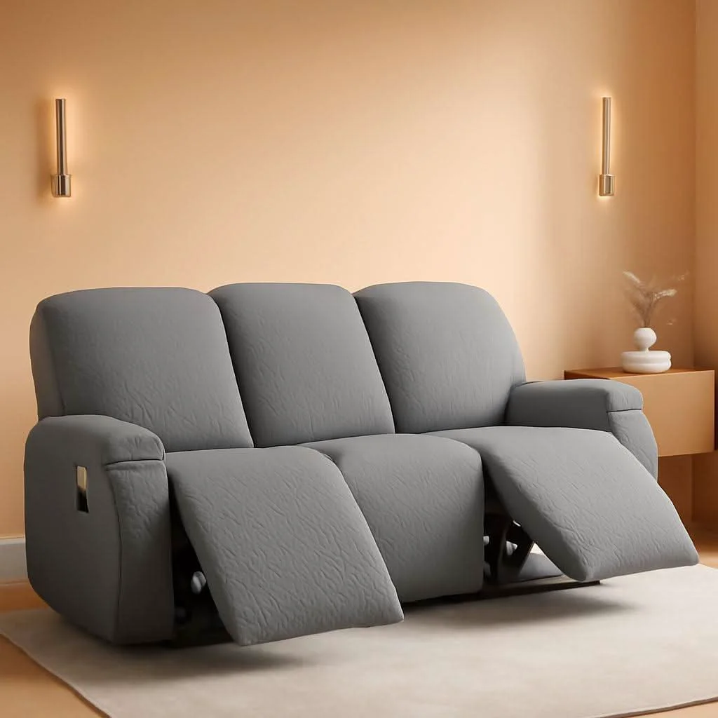 Traditional Stretchable Recliner Sofa Cover Jacquard Light Gray Clean