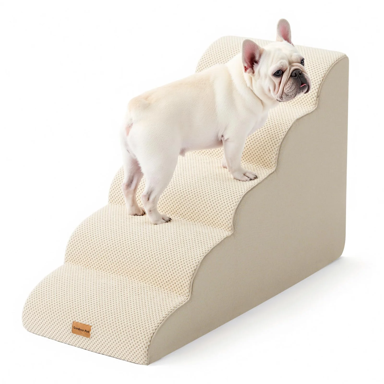 Durable Gardner Pet Dog Stairs for Small Dogs – 5-Step Beige Curved Stairs 22.8 in High Non-Slip Waterproof Cover Quality