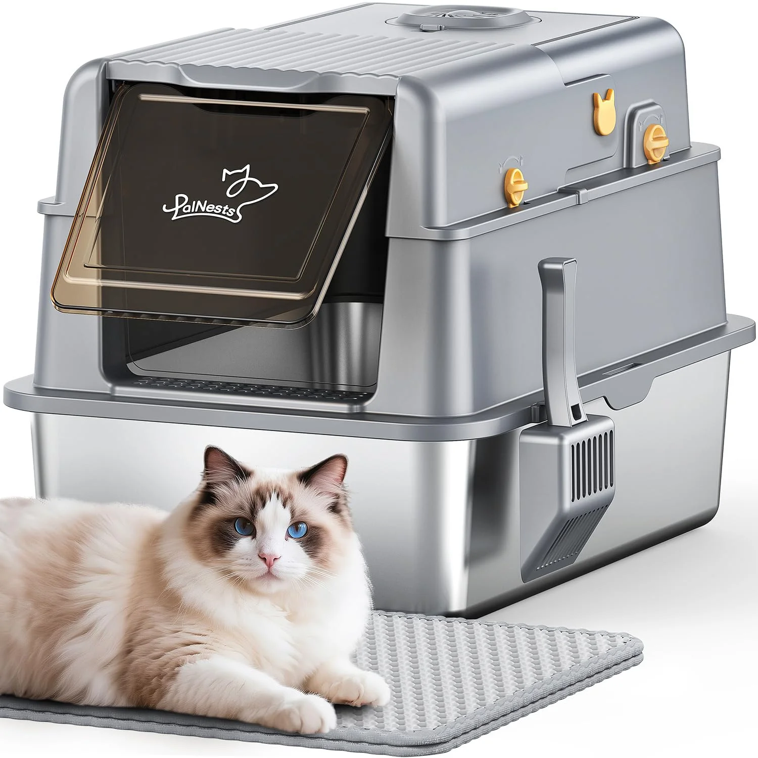 Original Design PalNests L7 Pro XXL Stainless Steel Litter Box with Lid – Odor Control Anti-Leakage Grey Exceptional