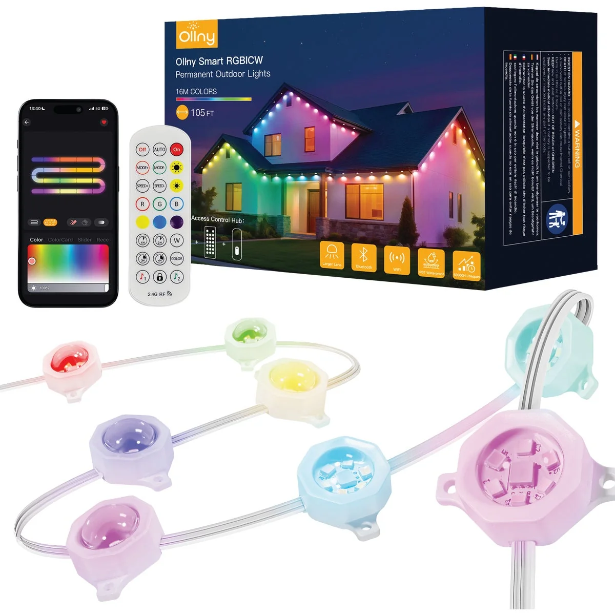 Green Ollny 105 Ft. RGBICW LED Smart Permanent Outdoor Light Set Contemporary