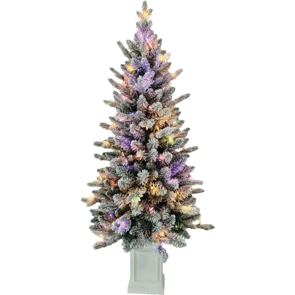 Quality National Tree Company 4.5 Ft. 100 Warm White LED Flocked Pre-Lit Evergreen Potted Christmas Tree Trendy