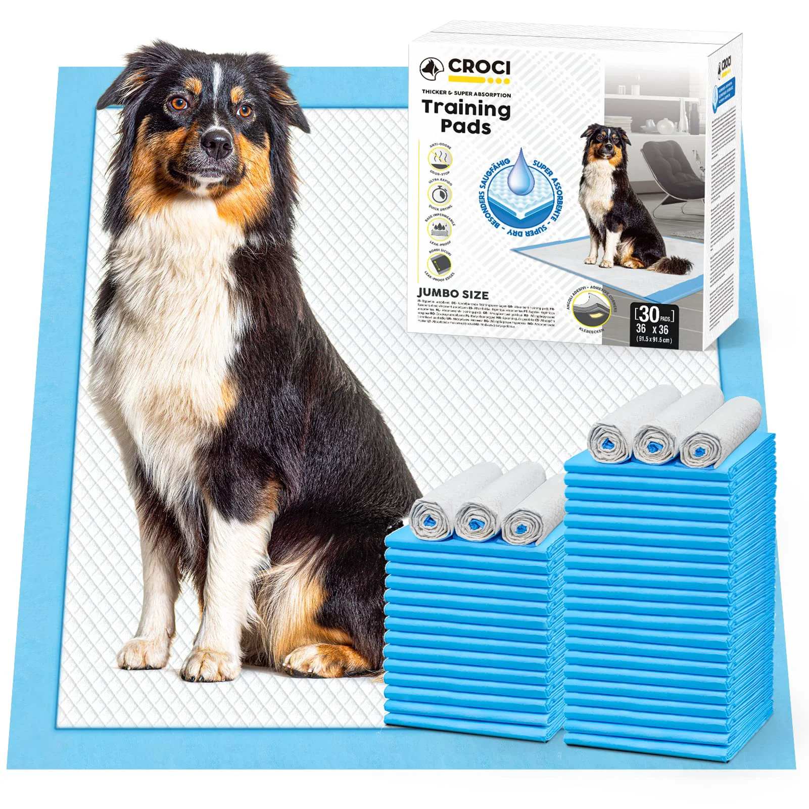 Fast CROCI Wee Wee Pads for Dogs – 36x36in Extra Large 6-Layer Leak-Proof with Adhesive Tabs 30 Count Long-Lasting