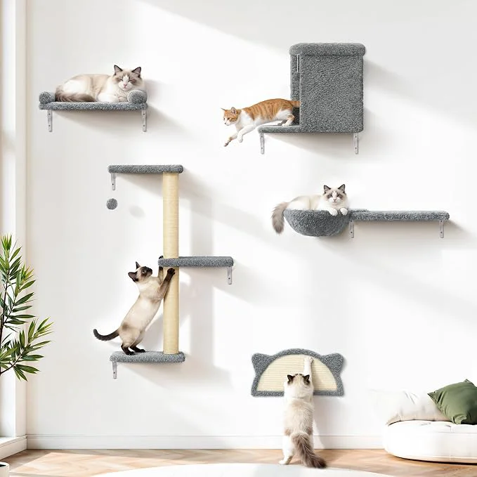 Top-Quality 5-in-1 Cat Wall Shelves Solid Wood Velvet Sisal Scratcher 44lbs Max Load Green