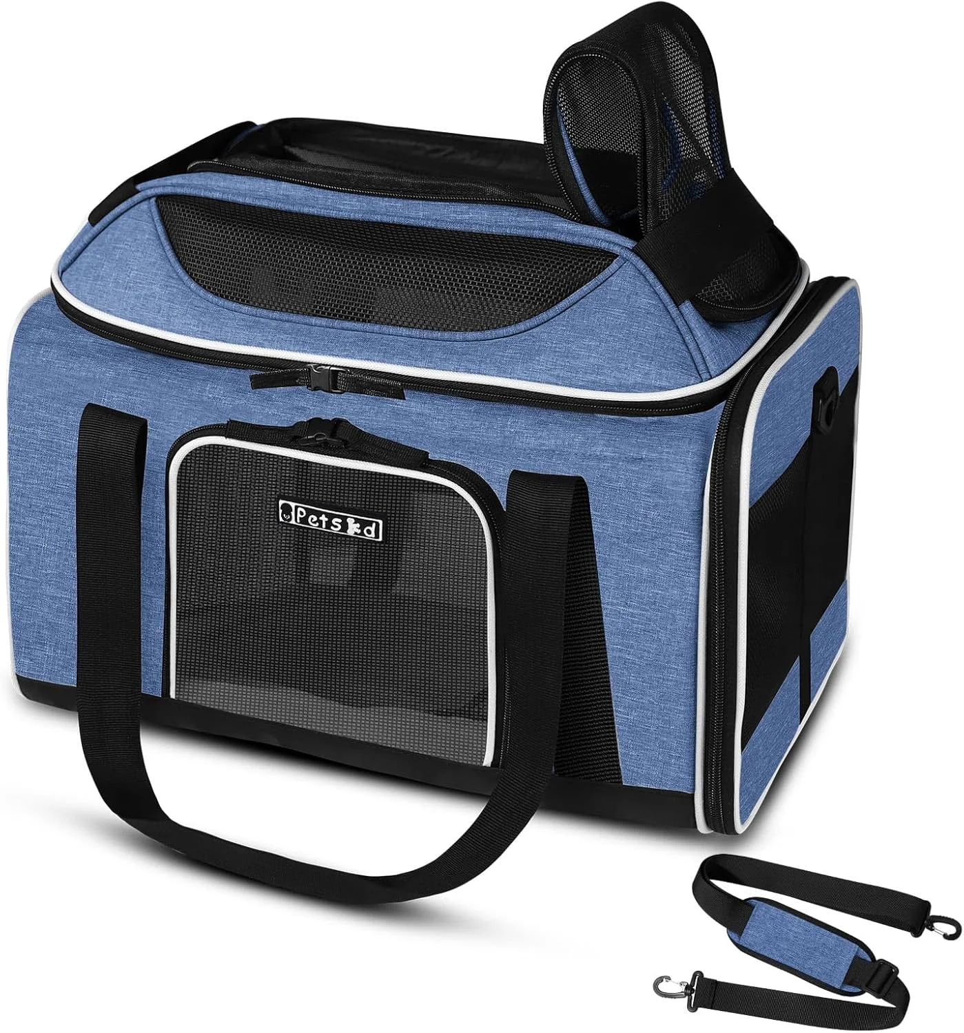 Genuine Petskd Top-Expandable Pet Carrier 18x13x9.5 Inches Southwest Airline Soft-Sided Carrier for Small Cats and Dogs with Locking Safety Zippers and Anti-Scratch Mesh Blue Reusable