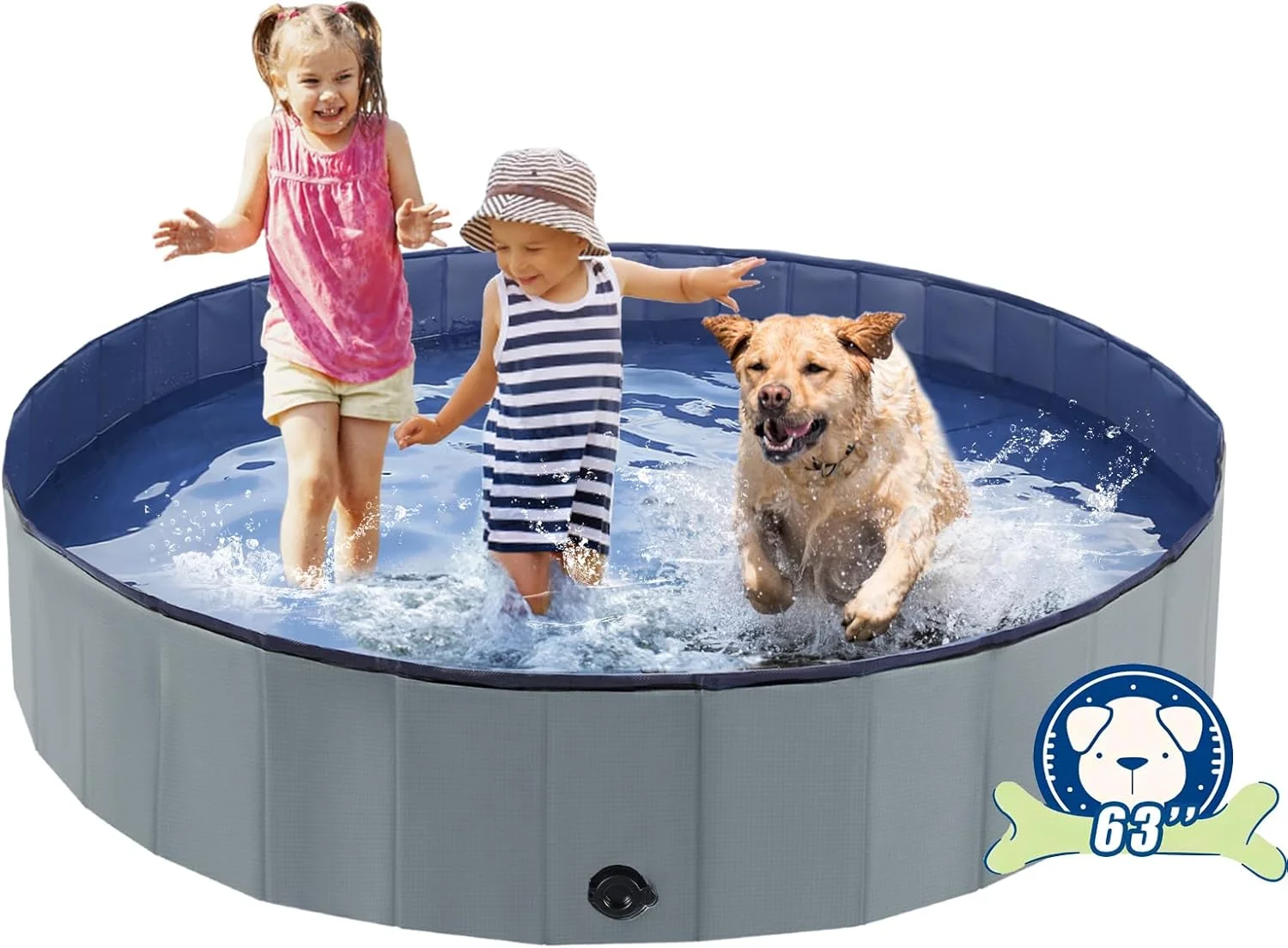 Foldable Dog Bath Swimming Pool 63” Plastic Kiddie Pool Professional Tub Collapsible Grooming Bathtub for Pets Kids Baby and Toddler 63 x 12 Inches Gray Pure