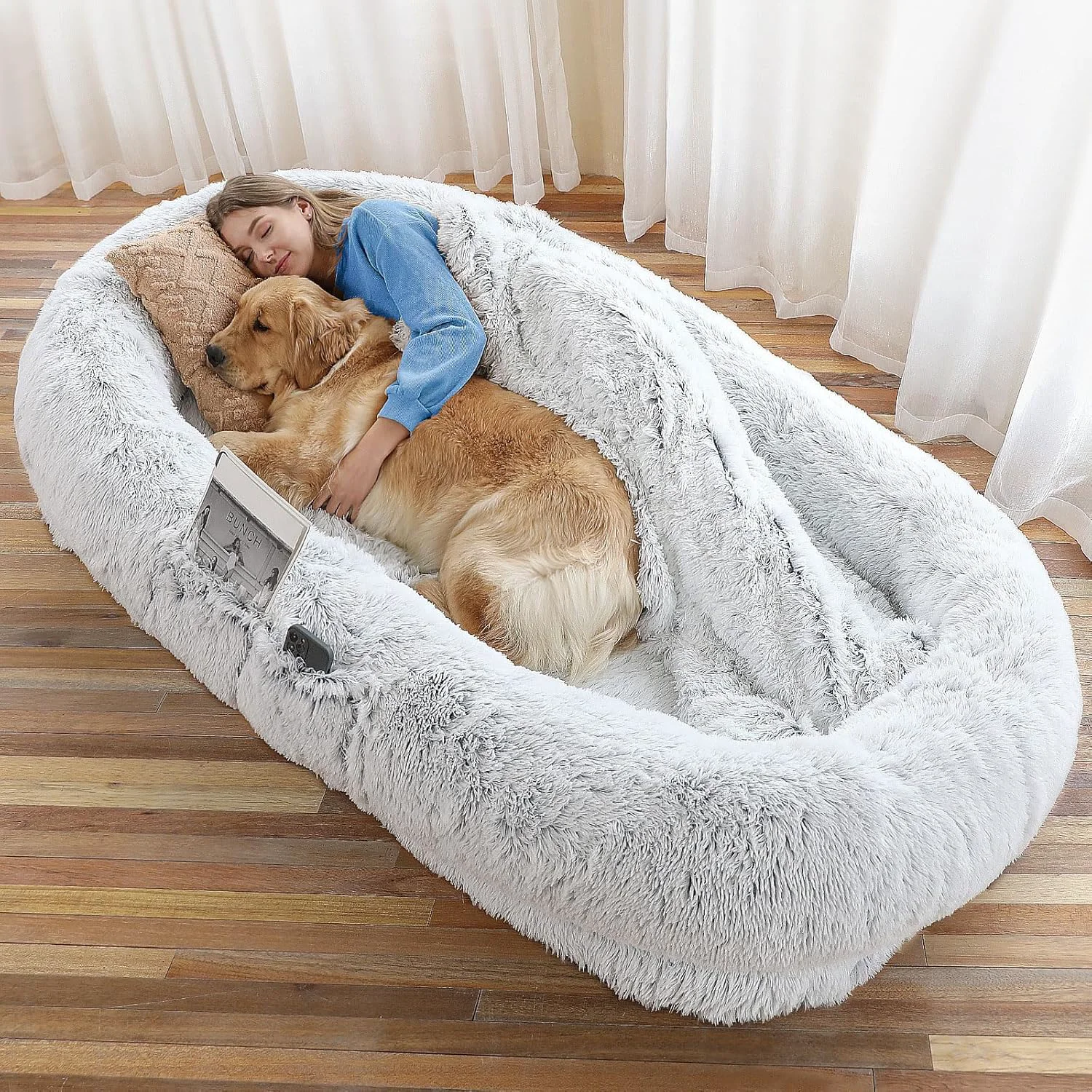 Verified Human Dog Bed – 71 x45 x12 Fits You Pets Washable Faux Fur Orthopedic Plump Pillow Blanket Strap – Grey Safe