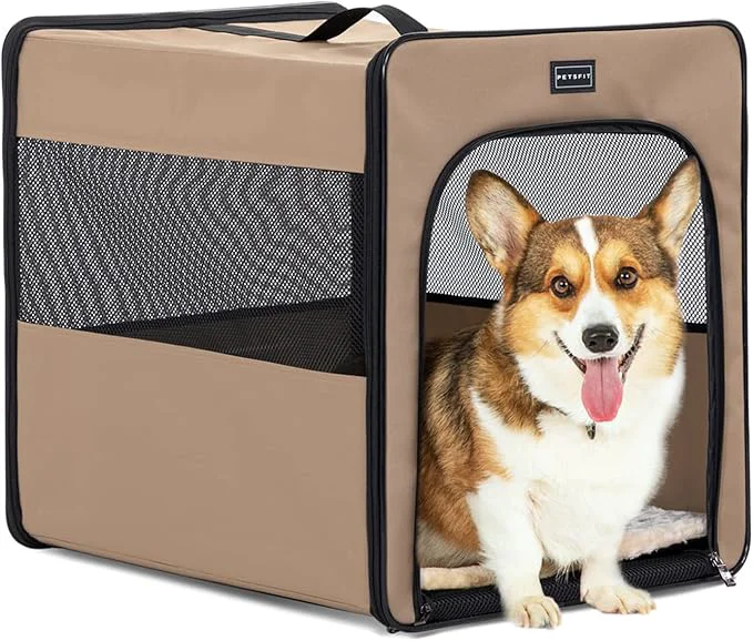Reliable PETSFIT Collapsible Dog Crate Dog Travel Crate – 24 Inch with Thicken Mat Easy to Fold Sturdy and Portable for Traveling Soft Sided Dog Crate KhakiAbout ThisOverview Stylish