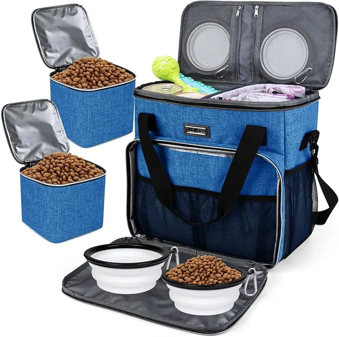 Crafted BAGLHER Dog Travel Bag Pet Travel Bag ALL Pet Travel Supplies With 2 Pet Food Containers and 2 Collapsible Silicone Bowls Essential Kits for Pet Travel BlueAbout This Enhanced