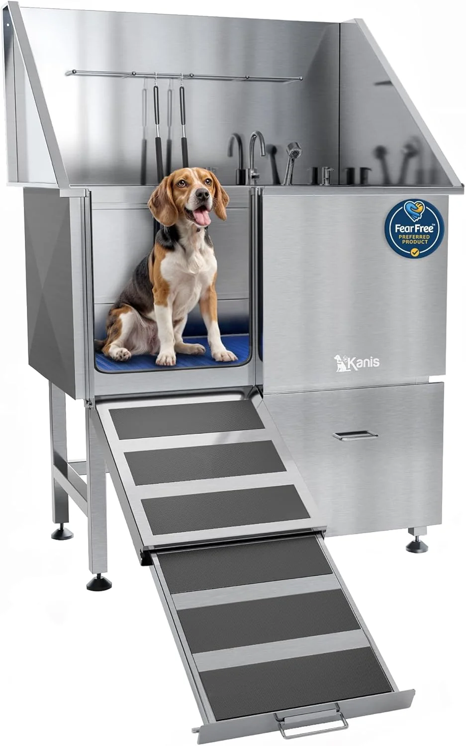 Relaxed KANIS Professional Dog Washing Station – 304 Stainless Steel Pet Wash Sink Grooming Bath Tub for Home with Ramp Shower Floor Grate Storage Drawer Faucet Drain Kit for Large Medium Small Pets Innovative