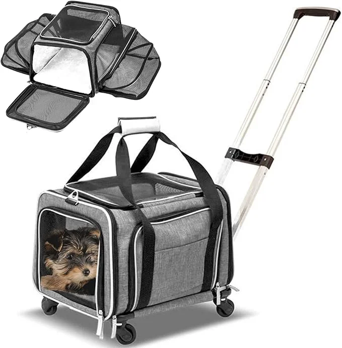 Airline Expandable Premium Pet Carrier on Wheels- Two Sided Expandable Rolling Carrier- Designed for Dogs Cats- Extra Spacious Soft Lined Carrier Grey About ThisOverview Fine Crafted