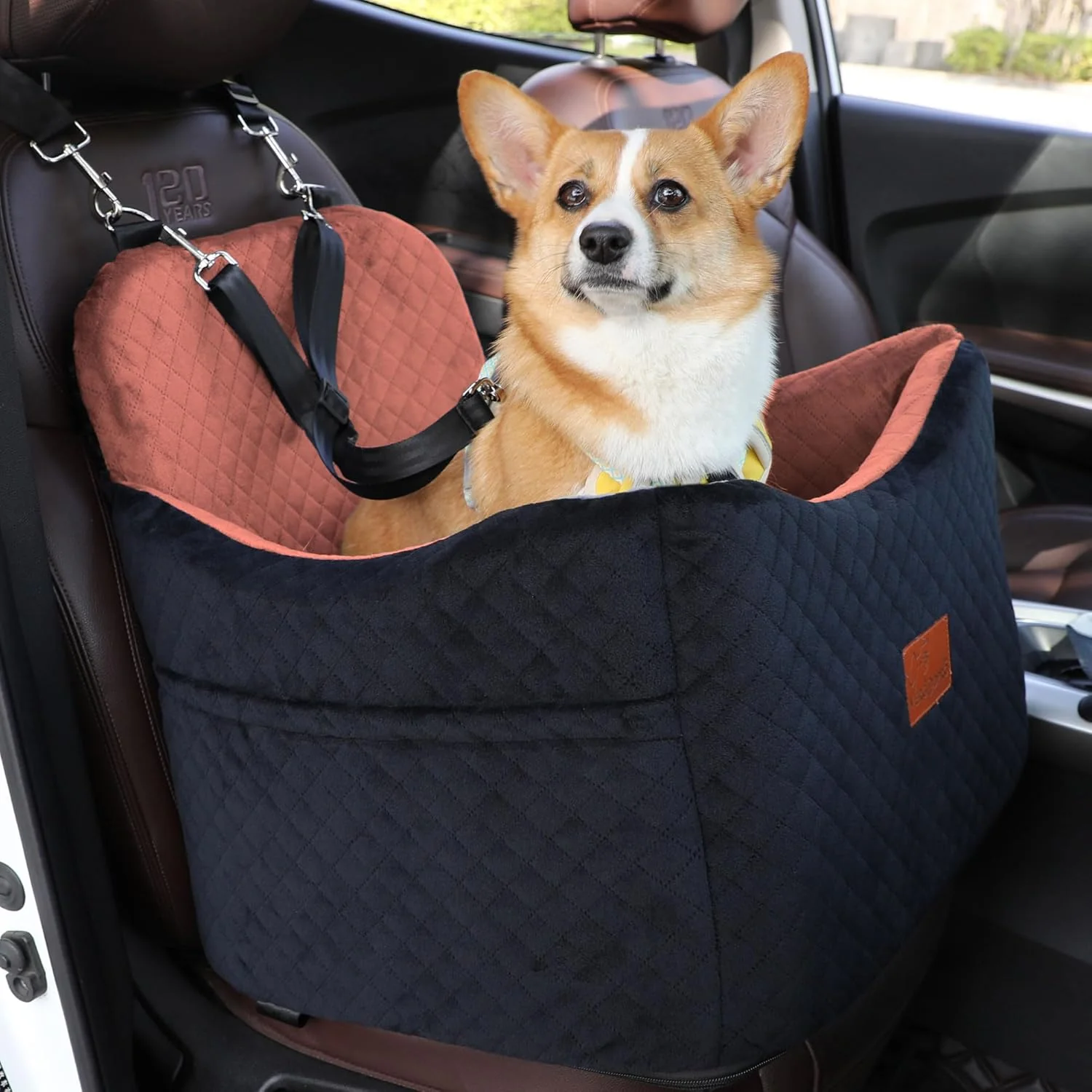 Lightweight Dog Car Seat for Small Medium Dogs Pet Booster Seat with Harness Memory Foam and Velvet Safety Comfy Car Travel Pets Carrier Interior Washable and Detachable Storage Pocket. H-Black Brown Specialty