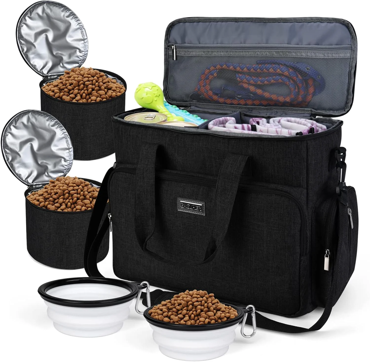 Exclusive BAGLHER Dog Travel Bag Airline Pet Tote Organizer with Multi-Function Pockets 2 X Food Storage Containers and 2 X Collapsible Dog Bowls Weekend Pet Travel Set for Dog Cat Black High-Grade