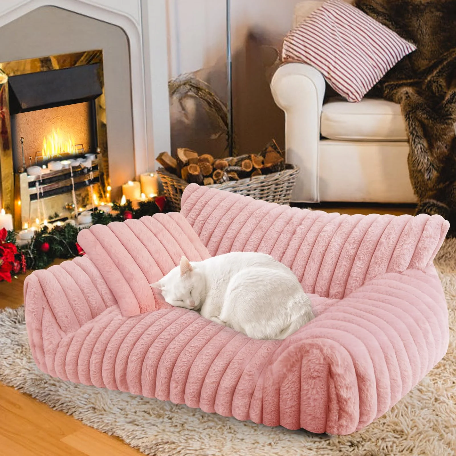 Sophisticated Wn’s Day Cute Cat Couch Bed Plush Pink Cozy Sofa for Indoor Cats Small Dogs Secure