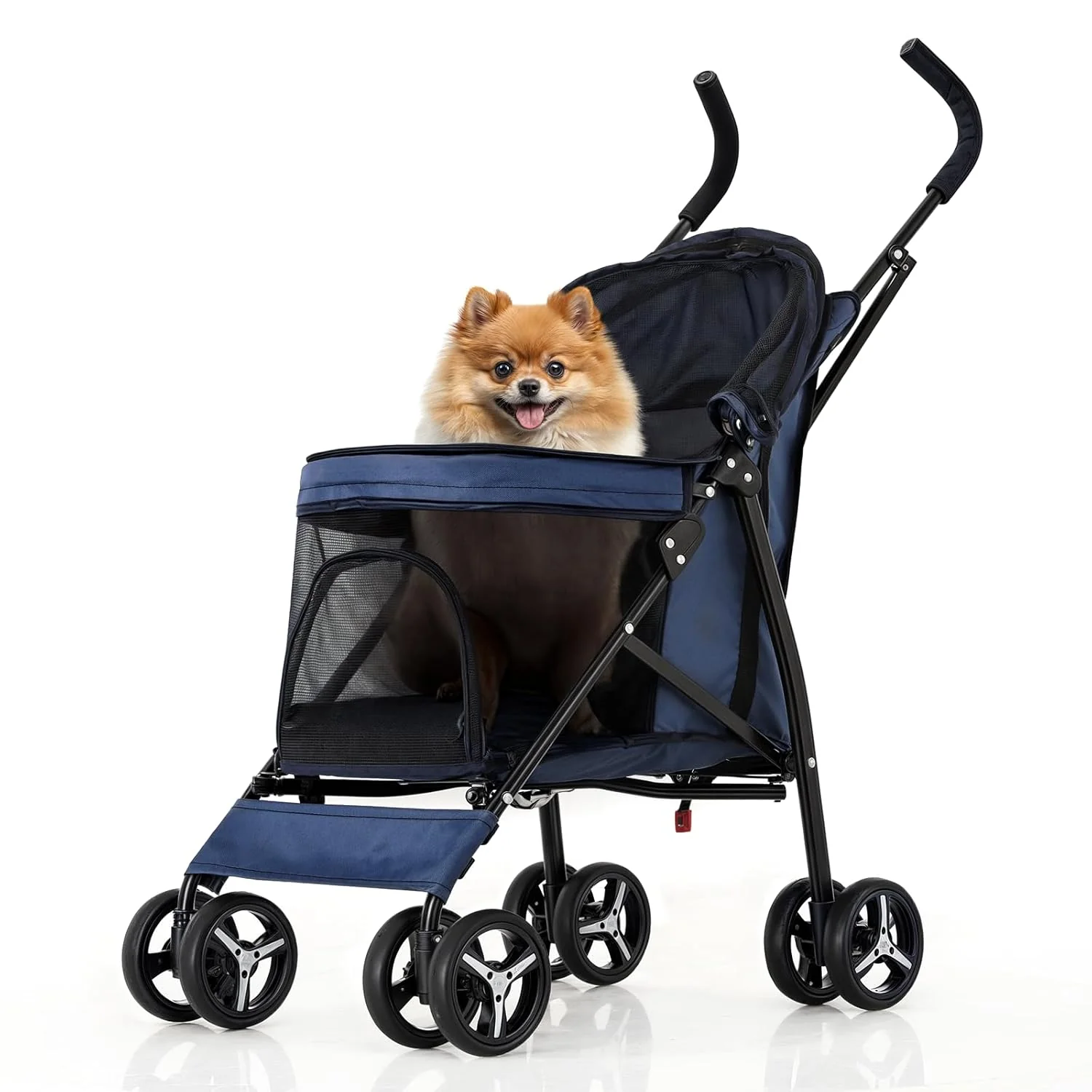 Advanced MoNiBloom 4 Wheels Pet Stroller Easy-Fold Puppy Cage Jogger Stroller with Sun Cover Pad and Rear Storage Bag Breathable and Visible Mesh for Small Medium Pets up to 22 lbs Navy Blue Exclusive