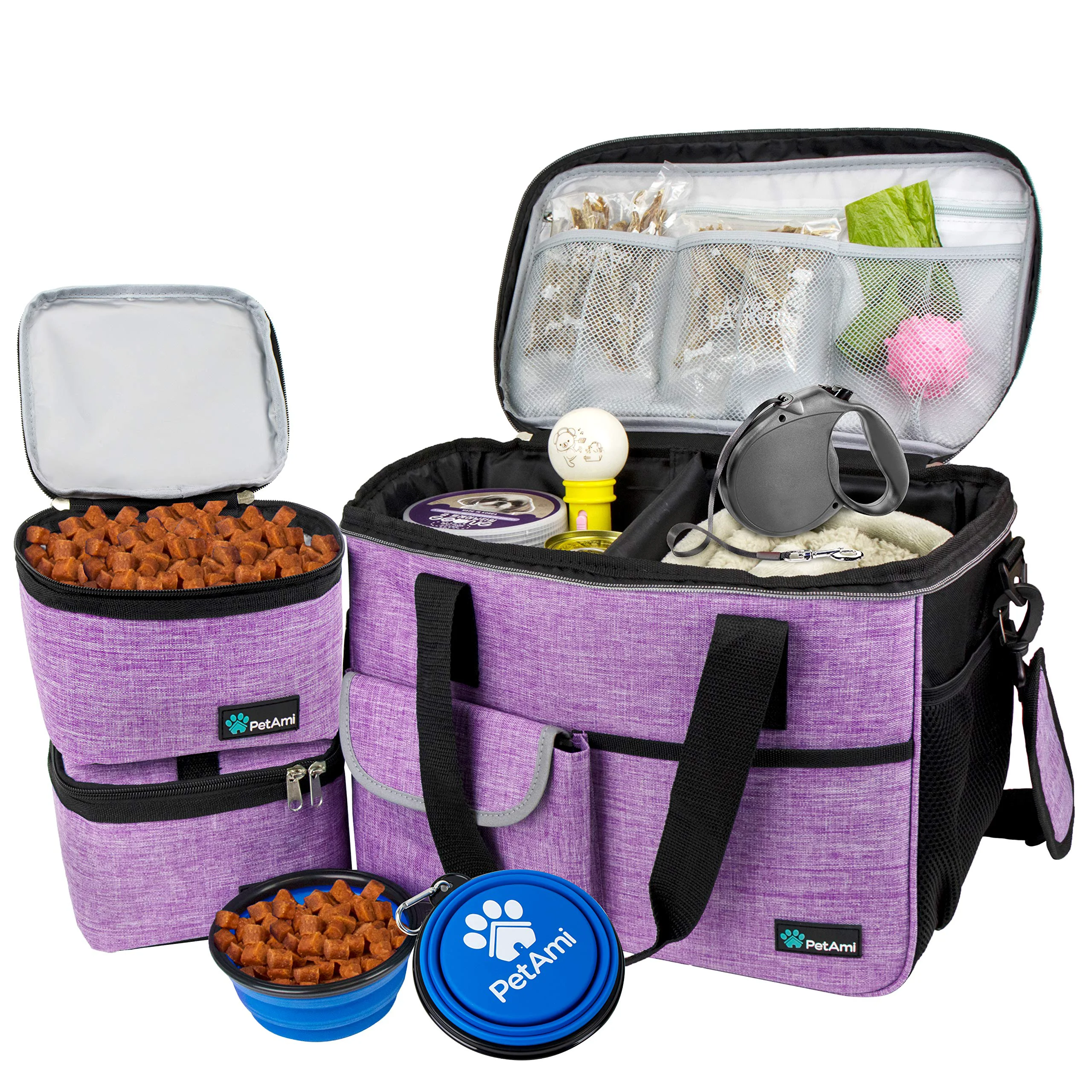 Elegant PetAmi Dog Travel Bag – Airline- Travel Organizer with Food Containers Bowls Purple Medium Proven
