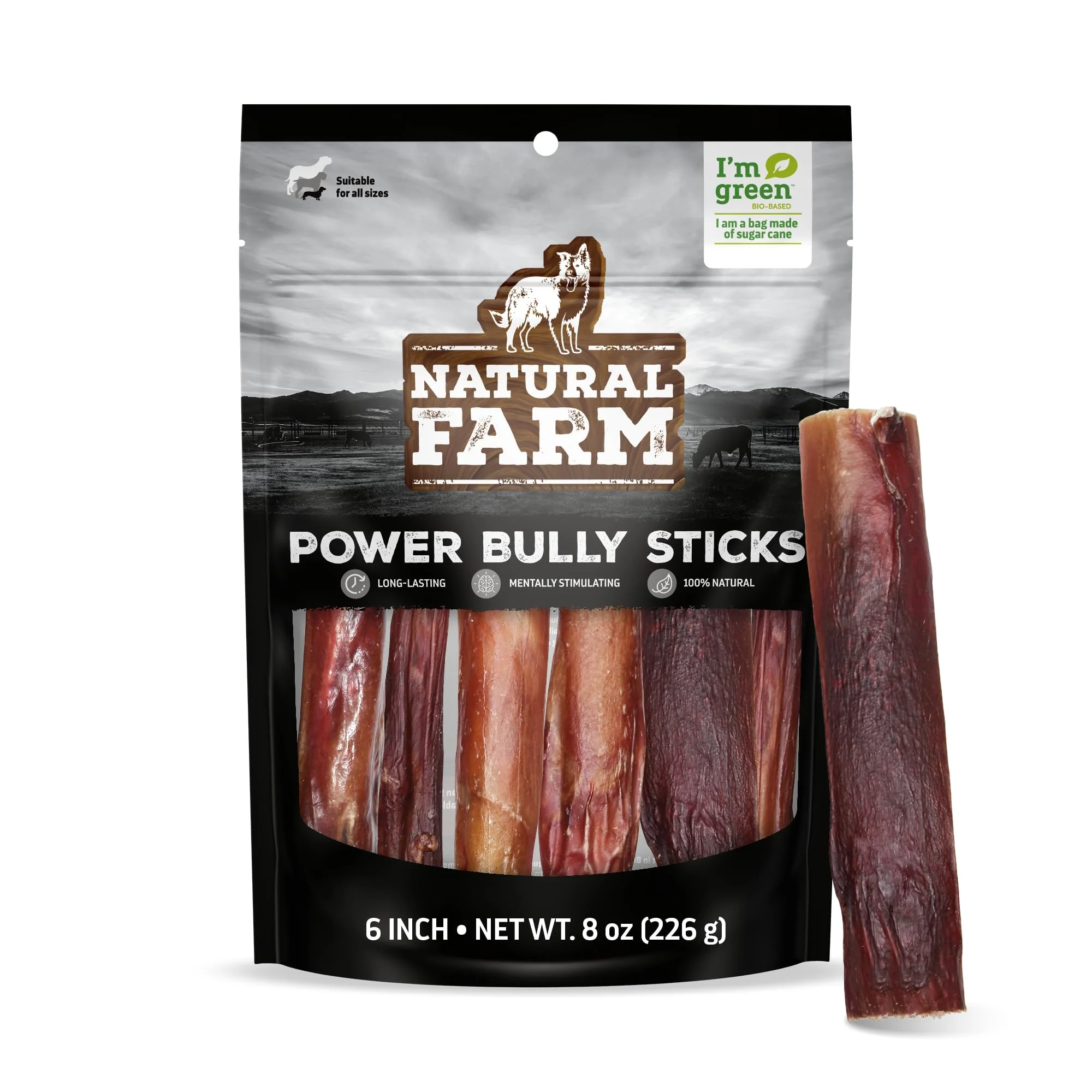 Reusable Natural Farm Power Bully Sticks Dog Chews 6 – 2-in-1 Beef Cheek Wrapped in Beef Pizzle for Medium Dogs Expertly Made