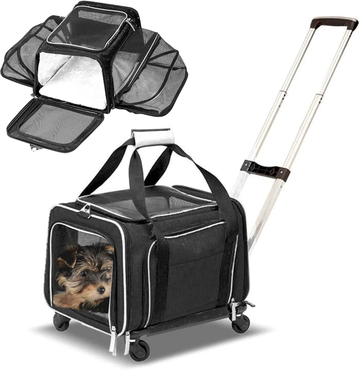 Stylish Airline Expandable Premium Pet Carrier on Wheels- Two Sided Rolling Carrier- Designed for Dogs Cats- Extra Spacious Soft Lined Carrier Black RL-PET-CARRIER-WHEELS Carefully Designed