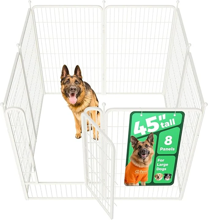 Long-Lasting FXW Rollick Unleashed Dog Playpen for Indoor Yard RV Camping 45 inch 8 Panels for Large Dogs White│PatentedAbout ThisOverview Secure